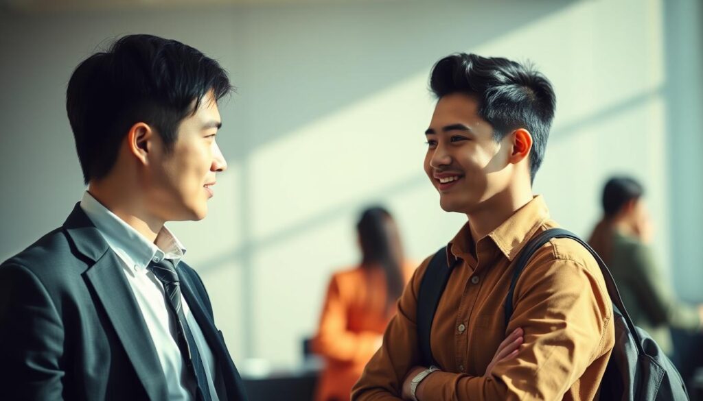 A bustling office setting, two young professionals facing each other - one in a formal business suit, the other in a more casual, relaxed attire. The suited individual exudes an air of corporate formality, their expression reserved and measured. In contrast, the casually dressed counterpart appears more open and approachable, with a subtle smile hinting at a more collaborative work culture. Soft, directional lighting from the side casts dramatic shadows, emphasizing the distinct differences in their body language and demeanor. The background blurs into a hazy, neutral palette, allowing the contrasting figures to take center stage and visually encapsulate the fundamental distinctions between the foreign and domestic corporate environments.