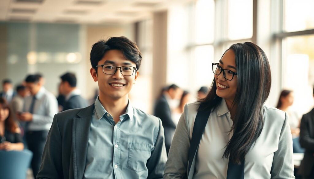 A bustling office setting, two young professionals stand in contrast - one, a recent university graduate, the other, a seasoned "既卒" or mid-career professional. The fresh-faced newcomer exudes enthusiasm, while the experienced "既卒" carries an air of quiet confidence. Subtle differences in their posture, attire, and demeanor hint at the distinct paths they have taken. Soft natural lighting filters through the windows, casting a warm glow and lending an air of professionalism to the scene. The background is softly blurred, keeping the focus on the two individuals and the underlying narrative of their divergent career trajectories. Crisp, hyper-realistic rendering captures the nuanced expressions and body language that convey the essence of "既卒" and "第二新卒" experiences.
