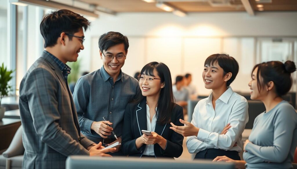 A bustling office setting, where a group of young Japanese professionals engage in a collaborative discussion. Soft, diffused lighting casts a warm glow, highlighting their attentive expressions and gestures as they exchange ideas. The scene conveys a sense of open communication, with individuals leaning in, making eye contact, and actively listening to one another. The background features sleek, modern furniture and minimalist decor, creating a sophisticated, yet approachable atmosphere. The overall mood is one of productive teamwork and effective interpersonal dynamics, showcasing the power of strategic communication in a professional setting.