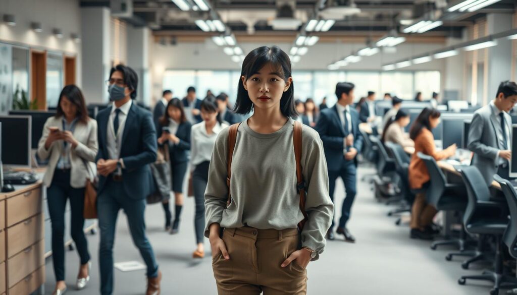 A bustling office setting, where a group of young Japanese professionals navigate the challenges of their new roles. In the foreground, a figure stands hesitantly, unsure of their next steps, their body language conveying a sense of uncertainty. In the middle ground, colleagues move with purpose, their expressions a mix of focus and determination. The background is a hive of activity, with desks, computers, and the occasional glimpse of a manager overseeing the proceedings. The lighting is soft and natural, casting a warm glow over the scene, and the camera angle is slightly elevated, providing a panoramic view of the office environment. The overall mood is one of transition and adaptation, as the newly employed individuals strive to find their footing in this unfamiliar territory.