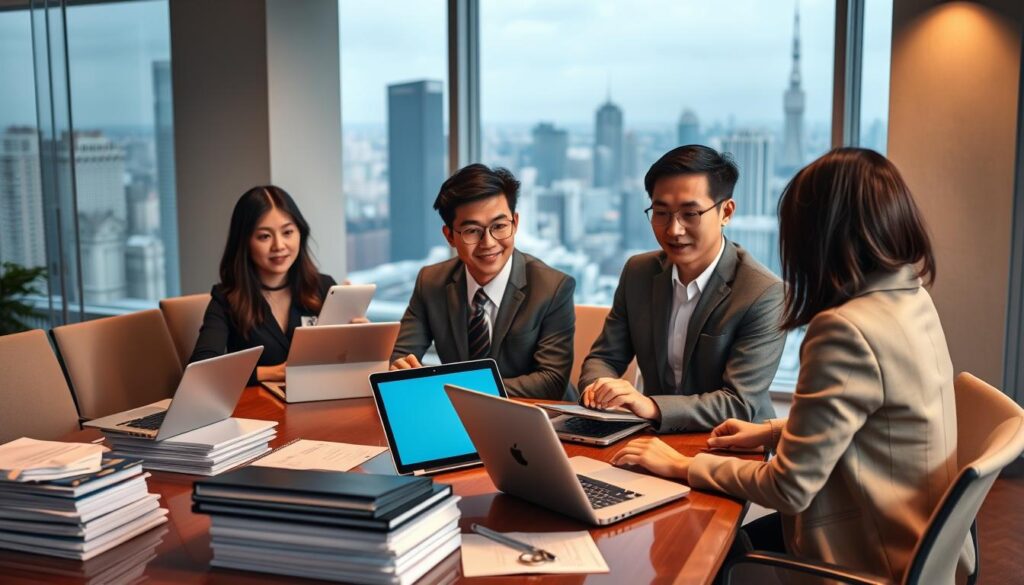 A bustling office setting, with a team of young, professional-looking Japanese consultants gathered around a conference table. Sleek laptops, stacks of documents, and a digital projection screen create a sophisticated, high-tech atmosphere. The consultants wear well-tailored suits and appear focused, conveying a sense of diligence and problem-solving. Warm, indirect lighting casts subtle shadows, adding depth and a sense of contemplation. In the background, a panoramic city skyline is visible through large windows, hinting at the global scale of their work. The overall scene evokes the challenges and solutions faced by international consulting firms navigating complex business landscapes.