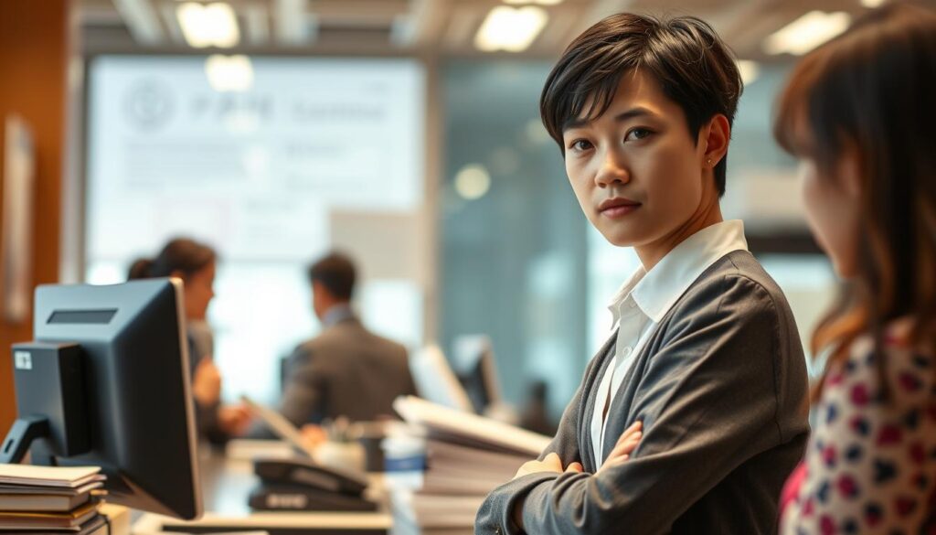 A bustling office setting, with a young Japanese professional standing at the front desk, a weary but determined expression on their face. The lighting is warm and inviting, capturing the nuance of their body language as they engage with an unseen customer. In the background, a sense of the fast-paced, service-oriented environment is conveyed through subtle details - a stack of files, a computer monitor, and the faint sounds of a ringing phone. The scene evokes the challenges and frustrations that can lead someone in the customer service industry to consider a career change, yet also hints at the resilience and adaptability required to thrive in such a role.