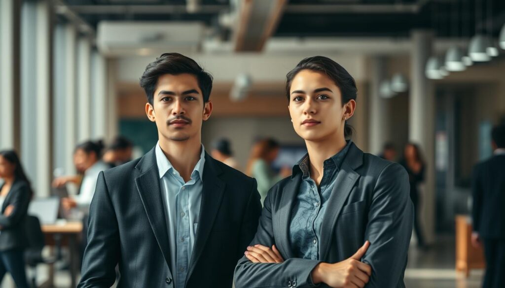 A bustling office setting, with two young professionals standing side by side, one in a crisp suit and the other in a more casual attire. Soft, directional lighting casts subtle shadows, highlighting the contrast between their appearances. The background blurs, drawing the viewer's focus to the figures, who stand in a contemplative pose, inviting comparison. Their facial expressions convey a sense of determination, as if weighing the merits of their respective career paths. The scene exudes a sense of quiet competition, yet also a hint of camaraderie, as they navigate the dynamics of the corporate world.