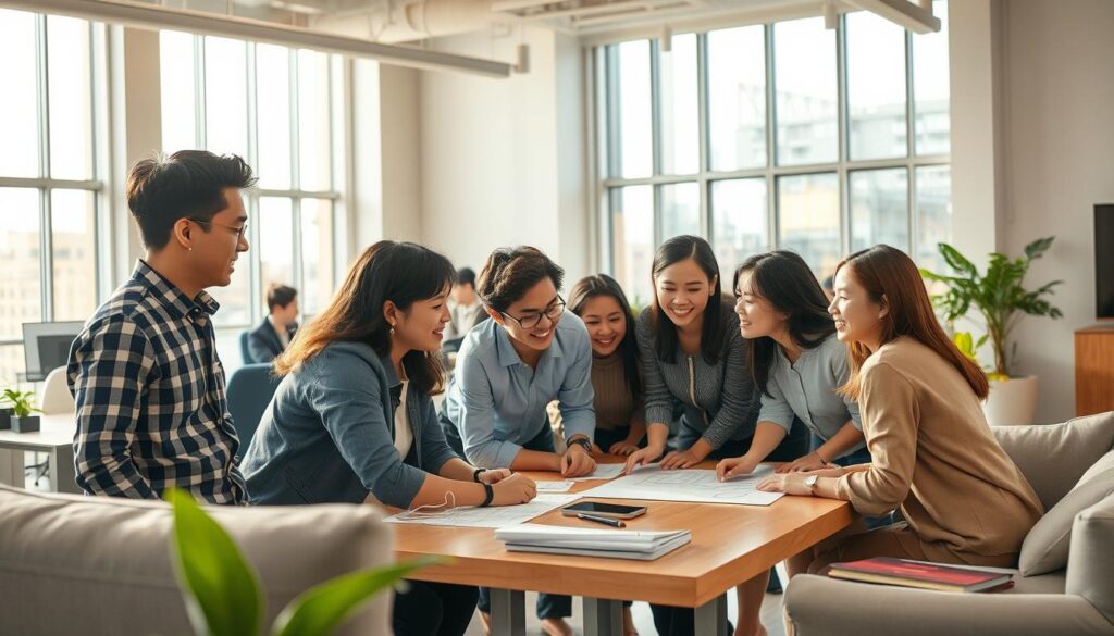 A bustling open-office environment, bathed in warm natural light filtering through large windows. A team of young, dynamic Japanese professionals in casual attire huddle around a table, engaged in animated discussion. Their expressions exude excitement and optimism as they brainstorm and sketch ideas on a whiteboard. The atmosphere is one of collaborative energy, hinting at the innovative spirit and growth potential of this burgeoning venture enterprise. Subtle details like sleek, minimalist furniture and state-of-the-art technology lend an air of modernity and forward-thinking. This vibrant scene encapsulates the merits of investing in a promising, forward-looking startup - the chance to be part of something truly transformative.