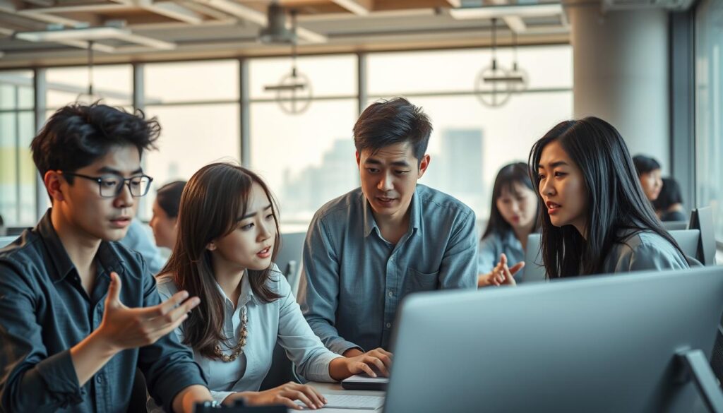 A bustling open-office environment, with young Japanese-looking professionals at their desks. Diffused natural light filters through large windows, casting a warm glow on the scene. In the foreground, a group of colleagues engaged in a lively discussion, their expressions a mix of tension and frustration, hinting at the challenges of the workplace. In the middle ground, others work intently, fingers tapping on keyboards, faces etched with concern. The background reveals a view of the city skyline, a stark contrast to the claustrophobic indoor setting. An atmosphere of stress and high turnover permeates the scene, reflecting the complex relationship between work conditions and employee retention.