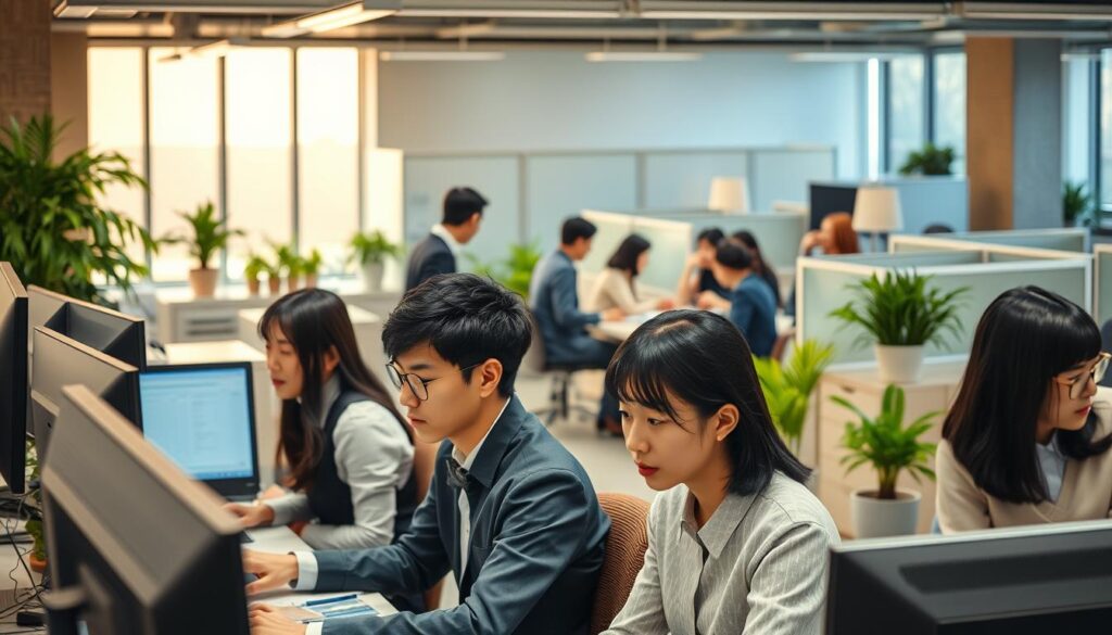 A bustling open-office scene showcasing the quintessential features of office work. In the foreground, a group of young, professionally-attired Japanese professionals focused intently on their computer screens, their black hair and serious expressions conveying a sense of diligence. In the middle ground, colleagues gather around a conference table, engaged in a lively discussion, their body language and animated gestures suggesting collaboration and problem-solving. The background reveals a landscape of cubicles, filing cabinets, and the ubiquitous potted plants, creating an atmosphere of structured productivity. Warm, diffused lighting filters through the windows, casting a warm glow over the scene and emphasizing the earnest, hardworking nature of the office environment.