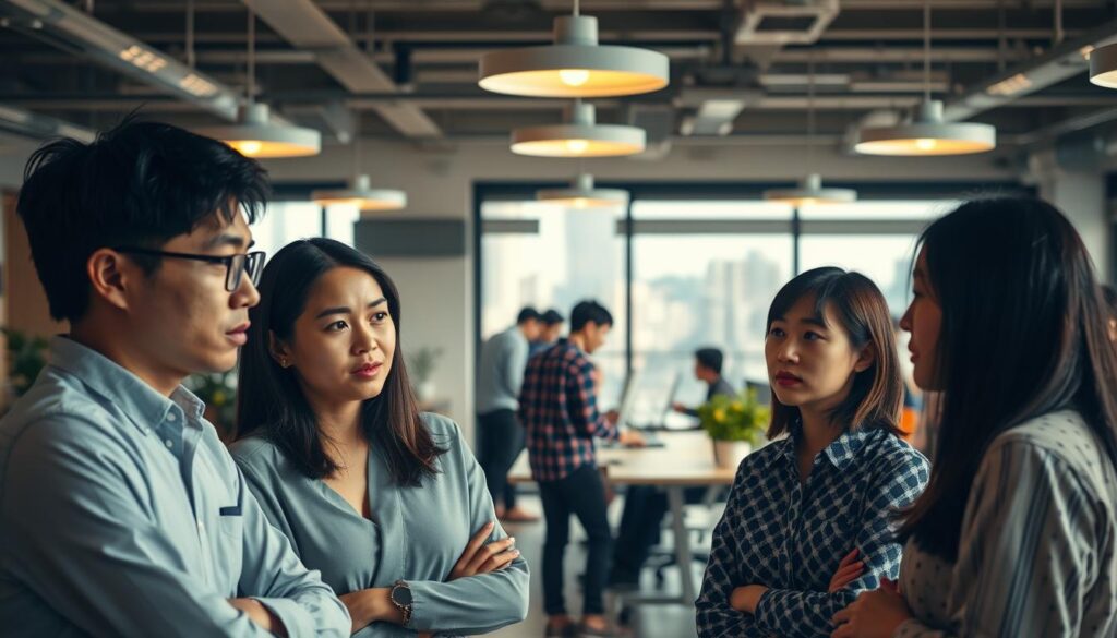 A bustling open-office setting, bathed in warm, diffused lighting from overhead fixtures. In the foreground, three young, Japanese-looking professionals - a man and two women - are engaged in a lively discussion, their expressions conveying a mix of concentration and concern. In the middle ground, a group of coworkers collaborate at standing desks, surrounded by potted plants and minimalist decor that suggests a modern, tech-forward work environment. The background features a large window overlooking a cityscape, hinting at the broader socioeconomic factors that can influence the quality of a workplace. The overall scene evokes a sense of both productivity and tension, reflecting the complex interplay of factors that shape the labor landscape.
