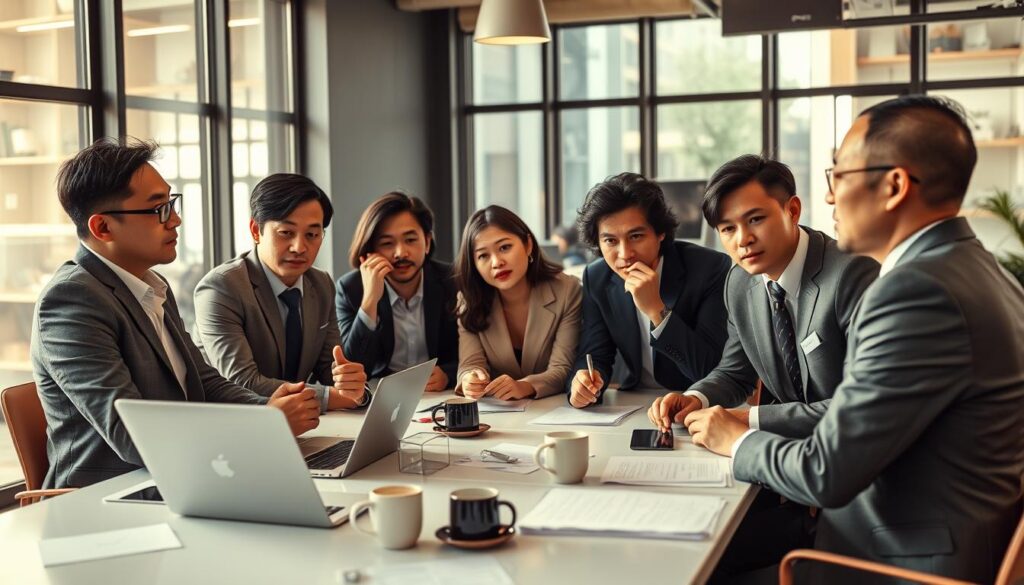 A bustling open-office setting, bathed in warm, natural lighting from large windows. A group of stylishly dressed, young Japanese professionals gathered around a conference table, engaged in a heated discussion. Furrowed brows, hand gestures, and intense expressions convey the challenges of career transitions facing this management-level cohort. The scene exudes a sense of uncertainty and trepidation, as they navigate the unique obstacles of mid-career pivots. Subtle details, such as laptop screens, scattered papers, and steaming mugs of coffee, heighten the atmosphere of a high-stakes deliberation. Capturing the complexities and apprehensions inherent to this specific demographic's job-seeking journey.