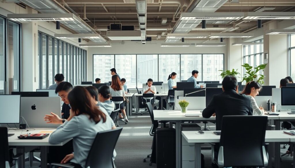 A bustling open-office setting, with young Japanese professionals engaged in focused work. Sleek desks, minimalist decor, and natural light flooding the space, creating a serene yet productive atmosphere. In the foreground, a group collaborates intently, hinting at the synergies between workplace environment and career progression. The middle ground showcases individuals immersed in their tasks, reflecting the close relationship between workplace conditions and personal growth. The background subtly suggests avenues for advancement, with subtle cues alluding to opportunities for skill development and leadership roles. Crisp, high-resolution photography with a slightly muted color palette, capturing the nuanced interplay between labor and opportunity.