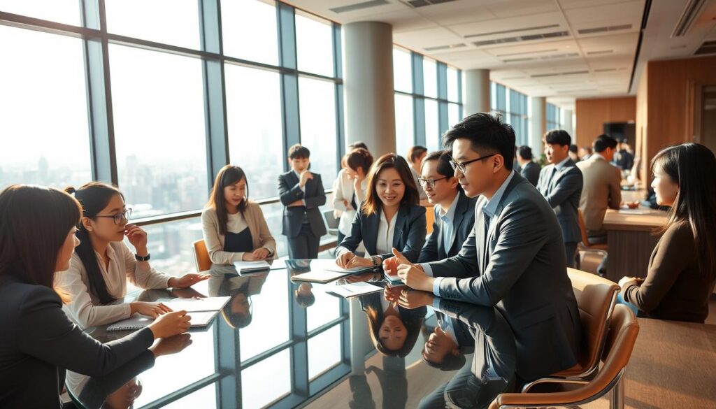 A bustling open-plan office, bathed in warm, natural light filtering through large windows. In the foreground, a team of stylishly dressed, young Japanese consultants collaborating intensely around a glass-topped conference table, their expressions focused and confident. In the middle ground, colleagues engaged in lively discussions, gesticulating animatedly. In the background, a panoramic city skyline visible through the windows, hinting at the global reach and cosmopolitan nature of the consulting firm. An atmosphere of energy, innovation, and professionalism pervades the scene, reflecting the allure of the foreign consultancy career path.
