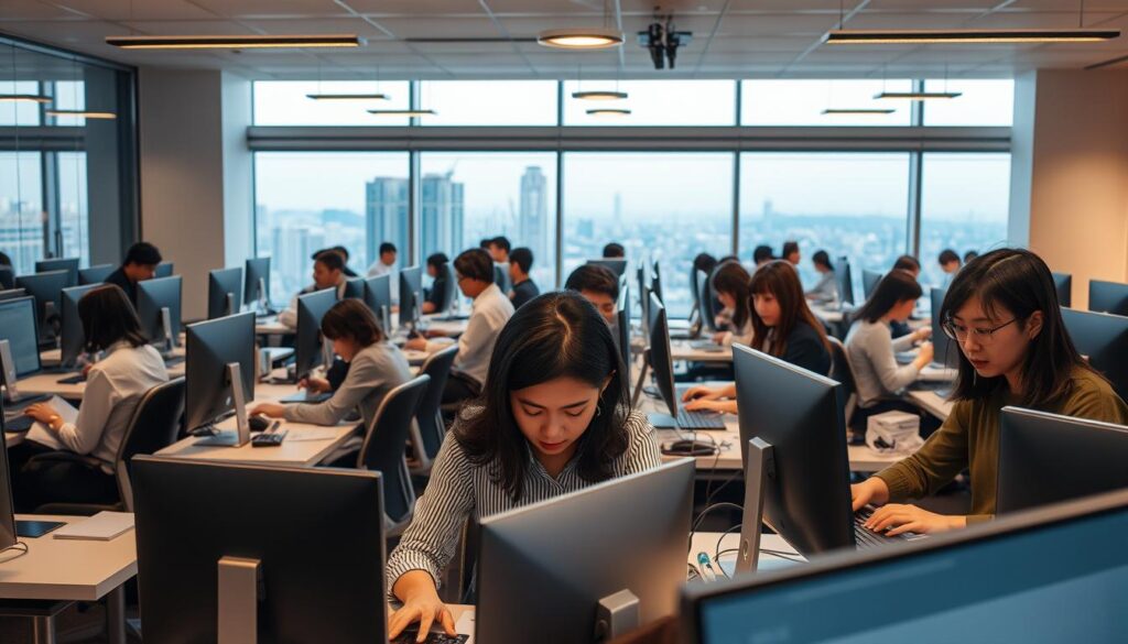 A bustling open-plan office filled with hardworking individuals at their desks, surrounded by the latest technology. Sleek, modern furniture and minimalist decor create a sophisticated, yet comfortable atmosphere. Soft, diffused lighting from overhead fixtures casts a warm glow, enhancing the focused expressions of the young, dark-haired Japanese-looking workers as they collaborate and type intently on their computers. In the background, a large window offers a panoramic view of a dynamic cityscape, symbolizing the connection between a positive work environment and increased productivity.