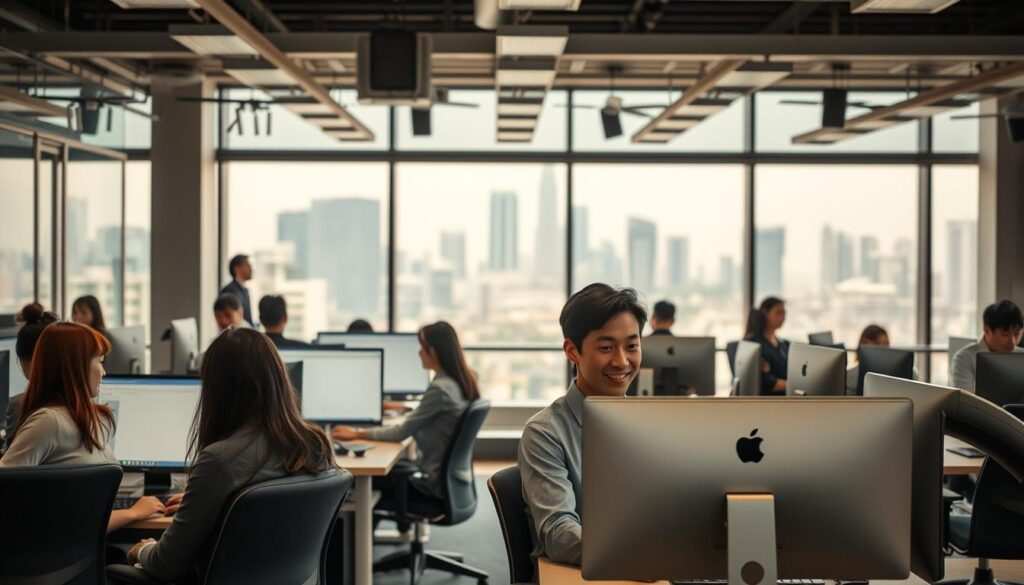 A bustling open-plan office, filled with the hum of keyboards and the soft murmur of professional conversations. In the foreground, a group of young, neatly-dressed Japanese-looking individuals sit at their desks, focused intently on their computer screens, their expressions a mix of concentration and friendly engagement. The middle ground reveals a modern, minimalist workspace with sleek, ergonomic furniture and warm, diffused lighting casting a tranquil glow. In the background, a panoramic window offers a view of a vibrant cityscape, skyscrapers and infrastructure creating a dynamic urban backdrop. The overall scene conveys a sense of professionalism, productivity, and the rewarding experience of a career in customer service.