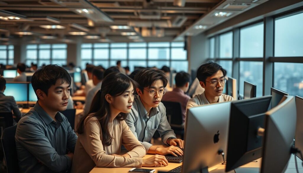 A bustling open-plan office, filled with young Japanese-looking professionals focused on their computer screens. Soft, diffused lighting casts a warm glow, creating an atmosphere of quiet concentration. In the foreground, a group gathers around a table, engaged in a lively discussion, their expressions a mix of determination and uncertainty as they navigate the realities of transitioning careers in the gaming industry. The middle ground features individuals typing furiously, brows furrowed in deep thought, while the background reveals a panoramic view of the city skyline, hinting at the broader context of this occupational shift. The scene conveys the challenges and complexities faced by creative professionals seeking new opportunities in the dynamic gaming world.