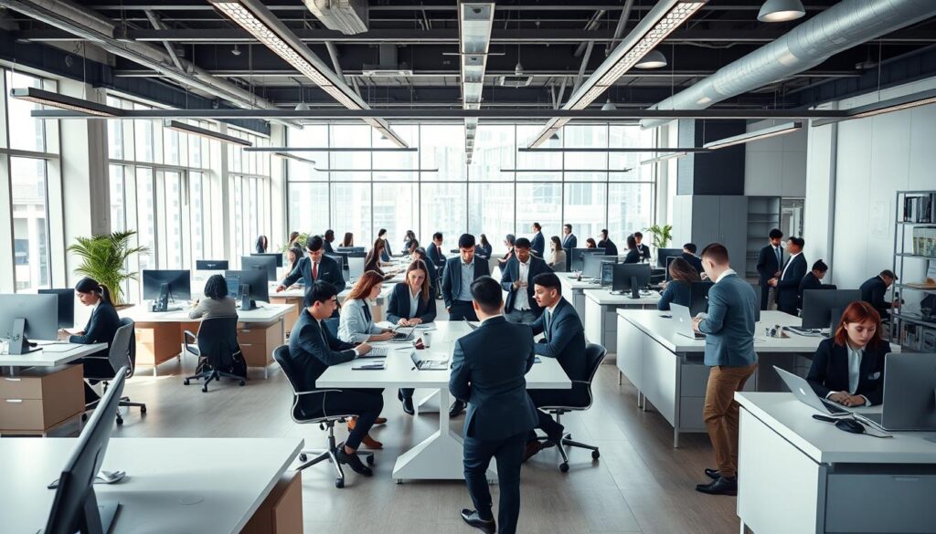 A bustling open-plan office, flooded with natural light. Young professionals, dressed in smart business attire, collaborate at sleek desks and gather around a central conference table. Subtle Japanese influences in the minimalist decor suggest a global, multicultural environment. Intense expressions of focus and determination on their faces as they review resumes and discuss potential hires - the recruitment trends of this prominent international consulting firm. A sense of energy, ambition, and opportunity permeates the scene, captured through a sharp, documentary-style lens.