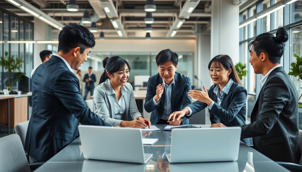 A bustling open-plan office with a team of young, professional Japanese-looking individuals engaged in dynamic discussions. The scene is captured in a realistic photographic style, with crisp details and natural lighting. The group is gathered around a conference table, leaning in and gesturing animatedly as they collaborate on a project. The atmosphere conveys a sense of cultural diversity, cross-functional teamwork, and an emphasis on clear, effective communication - key attributes of the communication style prevalent in international corporations.