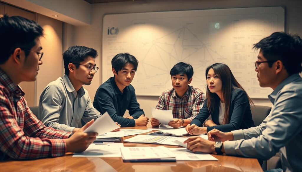A bustling scene of young Japanese-looking individuals seated around a conference table, deeply engaged in discussions about financing options for their startup venture. Warm, diffused lighting from overhead casts a contemplative, focused atmosphere, as they pore over financial documents and charts. In the foreground, a trio gesticulate animatedly, debating the merits of various funding strategies - angel investment, venture capital, or crowdfunding. The middle ground features several others taking notes, their expressions a mix of determination and uncertainty. In the background, a large whiteboard displays a web of interconnected concepts and financial projections. An air of collaboration and problem-solving permeates the space, as the group collectively navigates the challenges of funding their entrepreneurial dreams.
