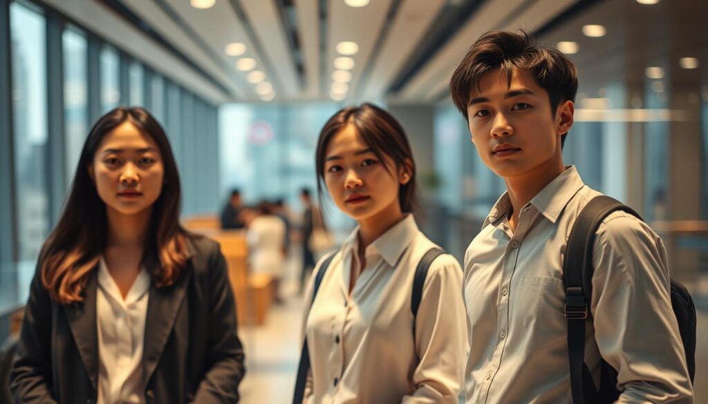 A bustling scene of young, ambitious Japanese professionals navigating the path to a coveted career at a global corporation. In the foreground, three individuals stand confidently, their expressions conveying a mixture of determination and apprehension as they contemplate their next steps. Subtle lighting casts a warm, inviting glow, creating a sense of anticipation. In the middle ground, a sleek, modern office environment serves as the backdrop, with clean lines and minimalist decor reflecting the high-stakes corporate world. The background blurs into a hazy, yet vibrant cityscape, hinting at the broader opportunities and challenges that await these aspiring changemakers. The overall mood is one of cautious optimism, capturing the essence of the "未経験者 外資系転職" journey.