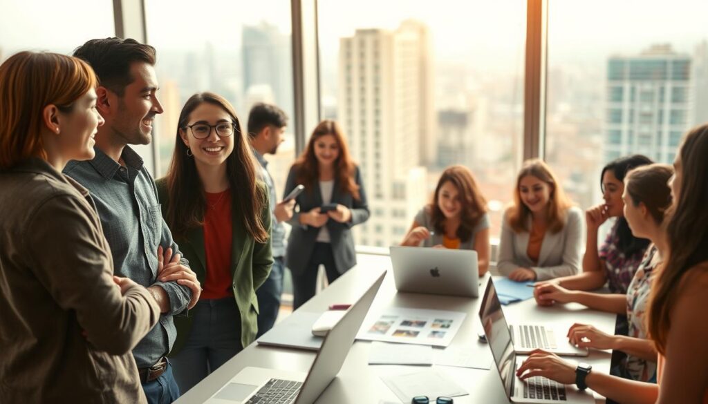 A bustling scene of young professionals networking at a modern office. In the foreground, three individuals engage in animated discussion, their expressions conveying the energy and importance of making valuable connections. The middle ground features a diverse group gathered around a conference table, laptops open and papers strewn, symbolizing the collaborative nature of career advancement. In the background, a large window overlooks a vibrant cityscape, bathed in warm, natural lighting that creates a sense of optimism and opportunity. The overall atmosphere evokes the crucial role that networking plays in unlocking new possibilities for career growth and personal development.