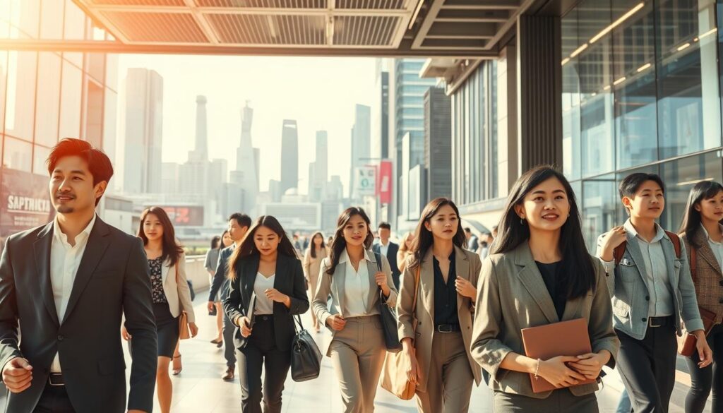 A bustling service industry scene showcasing diverse career paths. In the foreground, young Japanese professionals stride purposefully, their crisp business attire and focused expressions hinting at the dynamic nature of their work. The middle ground reveals a vibrant mix of office settings, from sleek technology hubs to traditional commercial spaces, each brimming with the promise of new opportunities. The background softly fades into a cityscape of towering skyscrapers and bustling streets, a testament to the boundless potential of the service sector. Warm, natural lighting casts a subtle glow, evoking a sense of optimism and possibility. This image captures the essence of successful cross-industry transitions, inspiring viewers to explore the diverse career options within the service industry.
