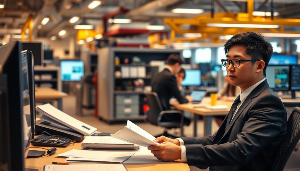A bustling transportation and logistics office, bathed in warm lighting. In the foreground, a young Japanese employee in a crisp, professional outfit reviews documents at their desk, their expression focused and determined. In the middle ground, colleagues collaborate at a conference table, discussing routes and supply chain strategies. The background showcases state-of-the-art equipment and technology, hinting at the industry's sophisticated infrastructure. An atmosphere of efficiency, innovation, and dynamic career potential permeates the scene, capturing the essence of transitioning into this thriving sector.