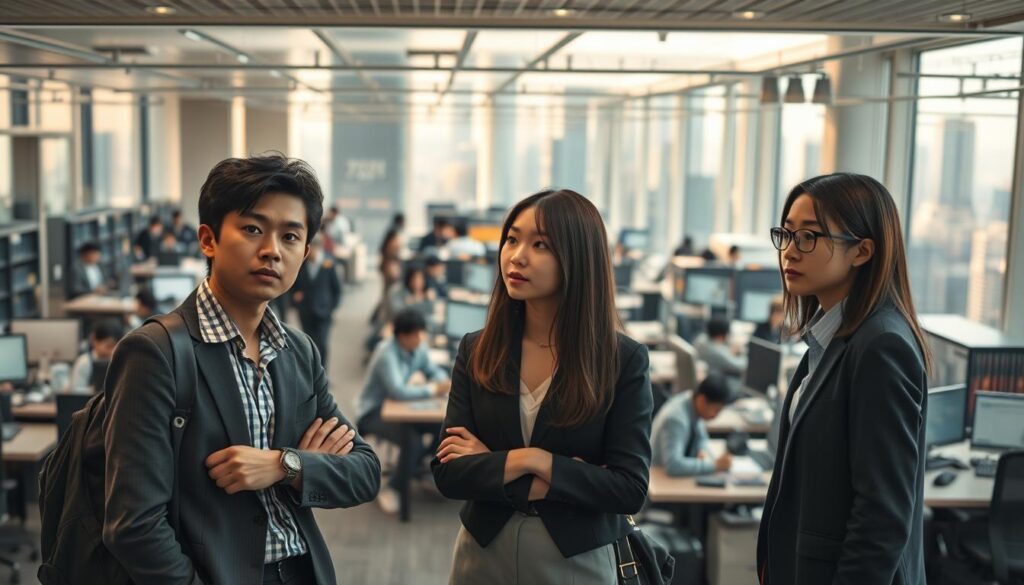 A bustling urban office scene, illuminated by soft, warm lighting and captured through a wide-angle lens. In the foreground, three young Japanese-looking professionals stand in thoughtful discussion, their expressions conveying a sense of contemplation as they consider potential career paths. The middle ground showcases a diverse array of workspaces, each occupied by focused individuals, creating an atmosphere of productivity and opportunity. In the background, a cityscape of towering skyscrapers and infrastructure suggests the vibrant, dynamic nature of the employment landscape. The overall mood is one of anticipation and possibility, inviting the viewer to envision themselves within this scene of professional growth and fulfillment.