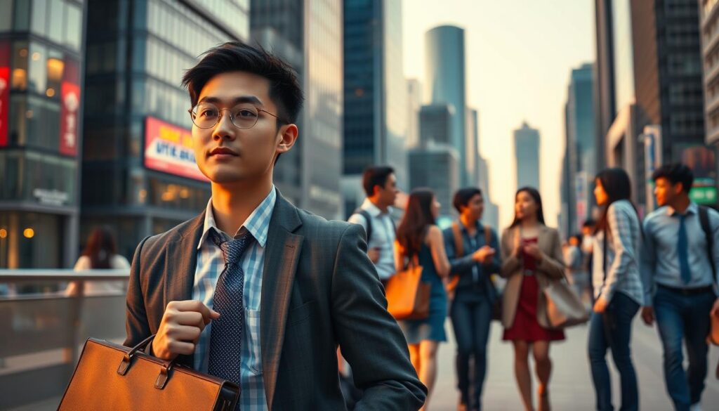 A bustling urban setting, bathed in warm evening light. In the foreground, a young Japanese professional confidently strides, briefcase in hand, their focused expression suggesting a self-assured, independent spirit. In the middle ground, a diverse group of peers engage in animated conversation, conveying a sense of collaborative energy. The background features sleek skyscrapers and a vibrant cityscape, hinting at the dynamic career opportunities available to those who can navigate the job market without the need for a recruitment agency. The overall scene exudes a sense of empowerment, ambition, and the potential for personal growth and success through one's own initiative.