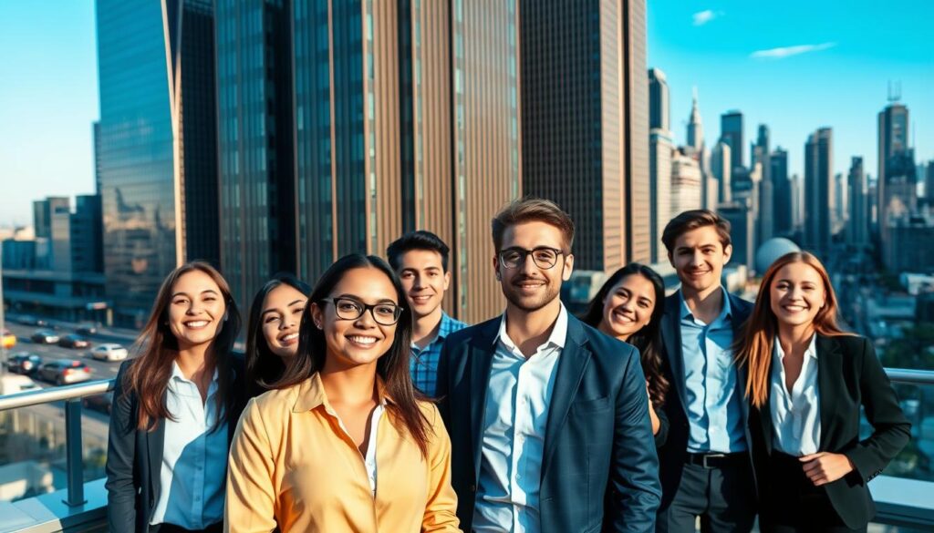 A bustling urban setting, with sleek high-rise buildings casting long shadows across the landscape. In the foreground, a group of young, professional-looking individuals are gathered, their expressions a mix of excitement and determination. They are dressed in smart, tailored attire, conveying a sense of success and ambition. The lighting is crisp and clean, accentuating the modern, cosmopolitan atmosphere. In the background, a cityscape of towering skyscrapers and bustling streets sets the stage, hinting at the dynamic opportunities that await those who choose to join the ranks of the global workforce. The overall impression is one of growth, opportunity, and the allure of the foreign corporate landscape.