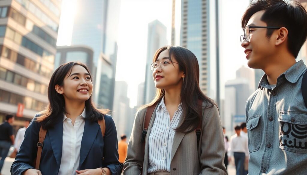 A bustling urban setting, with sleek high-rise buildings in the background, their glass facades reflecting the afternoon sunlight. In the foreground, three young Japanese professionals, dressed in casual yet stylish attire, are engaged in a lively discussion. Their expressions convey a mix of excitement and contemplation, as they explore the possibilities of their newfound freelance careers. The lighting is soft and natural, casting gentle shadows and highlighting the subjects' features. The scene evokes a sense of opportunity, growth, and the embrace of a flexible, self-directed work-life balance.