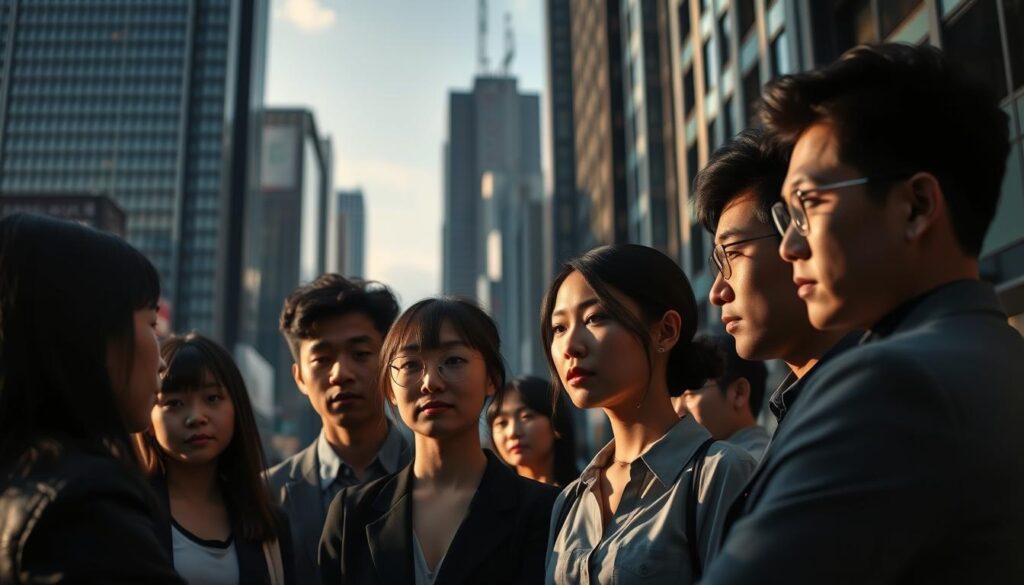 A bustling urban setting, with towering skyscrapers in the background casting long shadows. In the foreground, a group of young, professional-looking individuals are engaged in deep conversation, their body language suggesting a thoughtful, contemplative mood. The diverse group includes individuals of various backgrounds, showcasing the increasingly common phenomenon of cross-industry career transitions. Subtle lighting creates a sense of introspection, highlighting the subjects' faces and the nuanced emotions playing across their features as they ponder the challenges and opportunities of switching industries. The scene conveys a sense of ambition, curiosity, and the pursuit of new horizons, reflecting the growing trend of "異業種転職" in contemporary Japanese society.