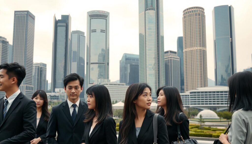 A bustling urban skyline of sleek high-rise buildings, their glass facades gleaming under the soft, diffused lighting of an overcast day. In the foreground, a group of young, professionally dressed Japanese individuals with dark hair and neutral expressions, engaged in conversation or walking purposefully, conveying a sense of focus and efficiency. The middle ground features a mix of modern architecture and tranquil public spaces, hinting at the balance of work and lifestyle that characterizes the thriving Kansai region's foreign-affiliated companies. The overall mood is one of sophistication, productivity, and a blend of Japanese and international influences, capturing the unique character of this business hub.