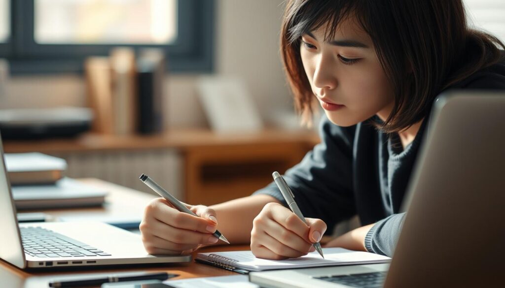 A close-up of a young, Japanese-looking person sitting at a desk, intently focused on writing in a notebook. Their desk is neatly organized, with a laptop, pen, and other work essentials. Soft, natural lighting illuminates the scene, creating a contemplative and focused atmosphere. The model's expression conveys a sense of determination and attention to detail, reflecting the care and attention required when crafting a well-written resume. The background is slightly blurred, keeping the viewer's focus on the subject and their task at hand.