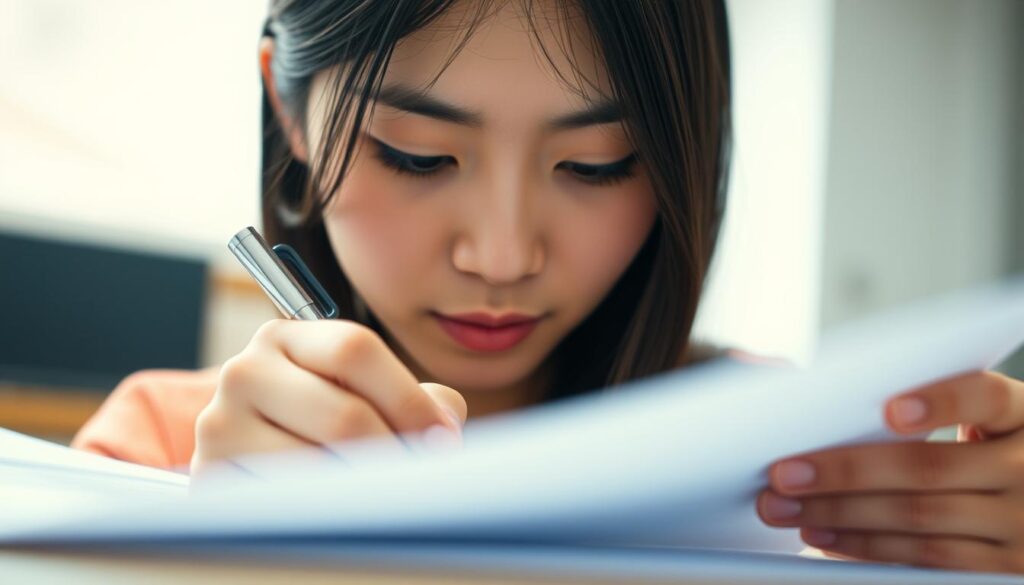 A close-up of a young Japanese-looking person's face, with dark hair, intently focused on writing in a professional-looking document. The scene is brightly lit, with soft, diffused lighting that accentuates the details of the person's features and the crisp, clean lines of the document. The background is slightly blurred, creating a sense of depth and drawing the viewer's attention to the central subject. The overall mood is one of concentration and professionalism, conveying the importance and care that goes into crafting a successful résumé.