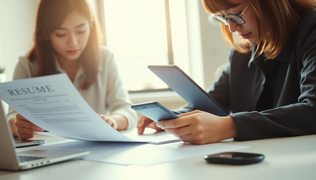 A close-up of two young, Japanese-looking professionals intently working on their résumés and portfolios, their hands neatly arranging documents and digital devices on a clean, minimalist desk. The scene is bathed in warm, natural lighting from a large window, casting a soft, focused glow on the meticulous attention to detail as they carefully review and refine their career materials. The atmosphere is one of quiet determination and thoughtful preparation, capturing the essence of the crucial steps involved in crafting a standout application for a new creative opportunity.