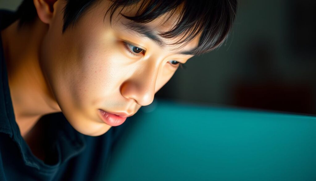 A close-up portrait of a young, Japanese-looking individual intently focused on a laptop, their face illuminated by the screen's soft glow. The subject's expression conveys a sense of determination and intellectual engagement as they work to upskill and advance their career. The background is blurred, emphasizing the subject's intense concentration. Crisp, natural lighting casts subtle shadows, adding depth and dimension to the scene. The overall mood is one of quiet ambition and self-improvement, reflecting the article's theme of transitioning from freelance to full-time employment through skill development.