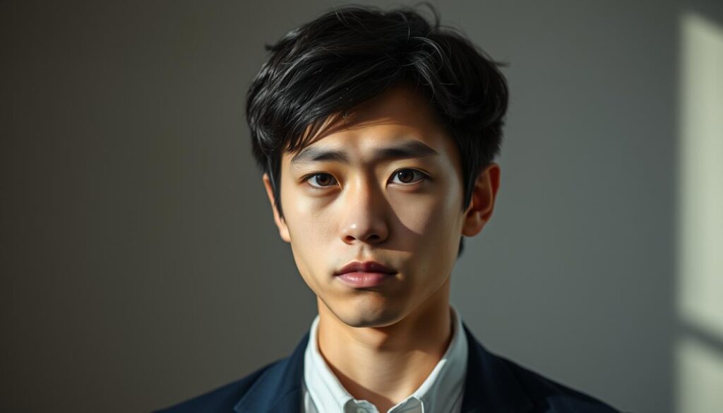 A close-up portrait of a young, Japanese-looking individual with a serious expression, standing against a blurred, muted background. Soft, directional lighting from the left casts dramatic shadows, creating a pensive, introspective atmosphere. The subject's face conveys a sense of uncertainty and hesitation, reflecting the potential drawbacks of changing careers. The image should have a realistic, photographic quality without any overlaid text or graphics.