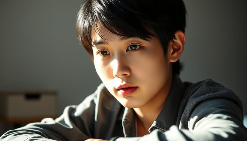 A close-up portrait of a young, Japanese-looking person with dark hair, seated at a desk and intently sharing their personal story of a successful career transition. Soft, natural lighting from the side illuminates their earnest expression and thoughtful gaze. The background is blurred, keeping the focus on the individual's face and upper body, conveying a sense of intimacy and vulnerability as they recount their journey. The overall mood is one of sincerity and inspiration, inviting the viewer to engage with this individual's transformative experience.