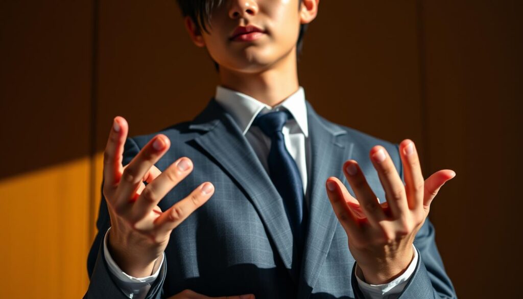 A close-up portrait of a young, Japanese-looking professional standing confidently, dressed in a crisp suit, their hands gesturing expressively as they negotiate their salary during a job interview. Warm, directional lighting from the side creates dramatic shadows, emphasizing the intensity of the negotiation. The background is blurred, keeping the focus on the subject's face and body language, conveying a sense of determination and self-assurance.