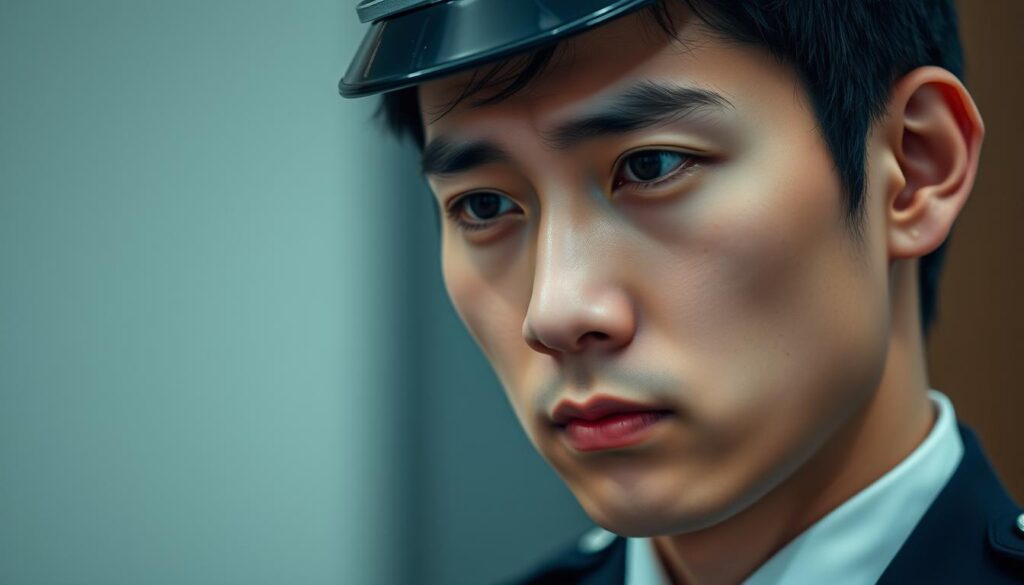 A close-up portrait of a young Japanese police officer, their brow furrowed in contemplation, conveying a sense of uncertainty and inner turmoil. The lighting is soft and diffused, creating a pensive, introspective mood. The officer's uniform is crisp and well-maintained, but their expression suggests a desire for a new path. The background is blurred, keeping the focus on the officer's face and emotions. The scene evokes the reasons a police officer might consider a career change, hinting at the challenges and personal factors that could lead to such a decision.