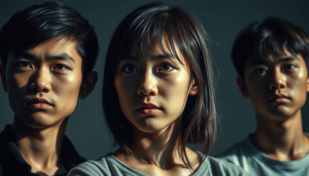 A close-up portrait of three young, Japanese-looking individuals with focused, intense expressions, conveying a sense of failure and lack of direction. The lighting is dramatic, casting shadows across their faces, creating a somber, introspective atmosphere. The subjects are positioned in the foreground, with a blurred, minimalist background to emphasize their emotional state. The image captures the common traits of those who struggle to succeed, such as uncertainty, self-doubt, and a lack of self-awareness, providing a visually striking representation of the "3 common traits of those who fail" as described in the article.