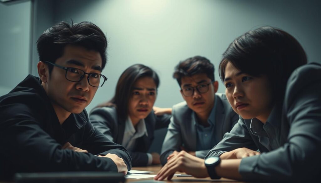 A close-up shot of a group of young Japanese-looking professionals seated around a conference table, their faces etched with concern and uncertainty. The lighting is dramatic, casting deep shadows that accentuate the tension in the room. The background is blurred, keeping the focus on the worried expressions of the investors as they ponder the risks of funding a new venture. The scene conveys a sense of unease and the weight of the decision they must make, the future uncertain and the potential rewards balanced against the inherent dangers of backing a startup.