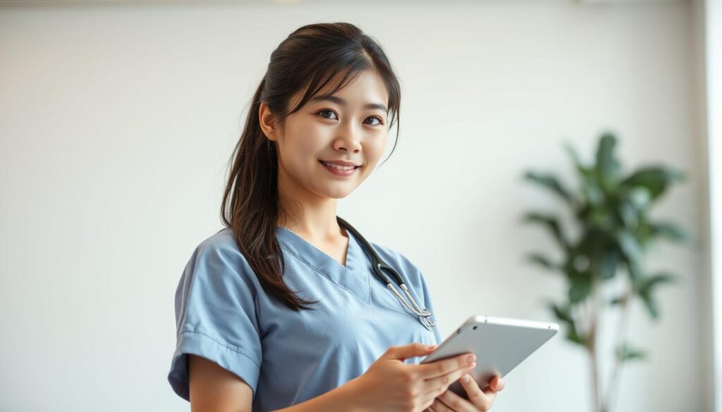 A confident, young Japanese nurse standing in a well-lit, airy office setting, exuding a sense of professionalism and success. Her eyes are focused, her posture is poised, and she holds a tablet, symbolizing her embrace of technology and modern job-seeking tools. The background features a clean, minimalist design with subtle textures, allowing the nurse to be the central focus. Soft, directional lighting accentuates her features and creates a warm, aspirational atmosphere, capturing the essence of a nurse who has navigated the job market effectively through a reputable career platform.