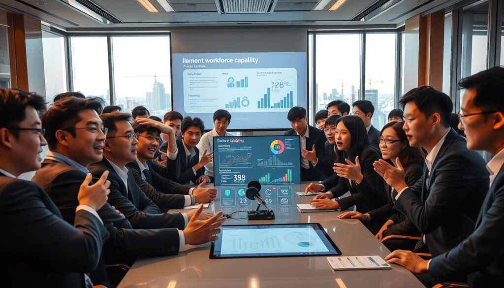 A crowded Tokyo office scene, with young Japanese professionals gathered around a conference table, expressions intense as they discuss the growing demand for immediate workforce capabilities. Warm lighting casts a sense of urgency, while the sleek, modern furnishings convey a high-stakes corporate environment. In the foreground, several individuals lean in, gesturing animatedly, their body language reflecting the heightened demand for skilled, ready-to-work talent. The middle ground features a large projected display, visualizing data and trends related to the pressing need for a capable, adaptable workforce. In the background, the city skyline is visible through floor-to-ceiling windows, underscoring the wider societal context driving this workforce imperative.