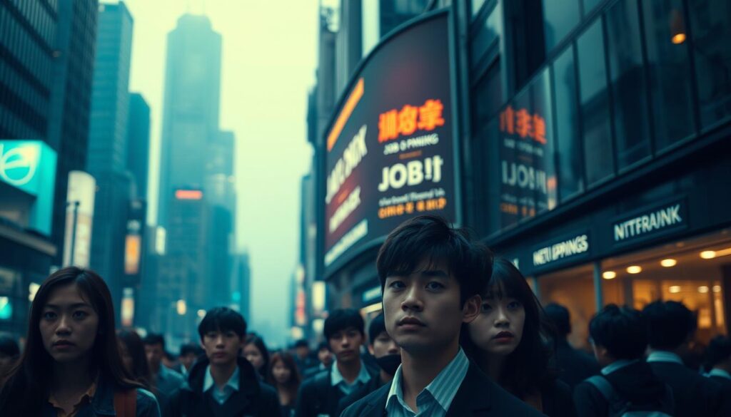 A crowded city street, dimly lit, with a group of young Japanese-looking professionals standing in the foreground, their faces clouded with worry and uncertainty. In the middle ground, a large billboard advertises job openings, but the text is blurred and indistinct. The background is hazy, with skyscrapers and office buildings fading into the distance, creating a sense of overwhelming urban density and limited opportunities. The lighting is moody, with a mix of warm and cool tones, conveying the bittersweet emotions of recent graduates struggling to find their place in a competitive job market.