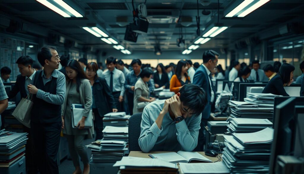 A crowded, dimly lit office environment. In the foreground, a young Japanese office worker sits at their desk, head in hands, expression strained and distant. Surrounding them, colleagues hustle by, seemingly unaware of their struggle. The middle ground is cluttered with desks, computers, and stacks of paperwork, conveying a sense of overwhelming workload. In the background, the office seems to close in, with harsh fluorescent lighting casting shadows and creating a claustrophobic atmosphere. The overall mood is one of mental anguish, isolation, and the inability to adapt to the demands of the workplace.