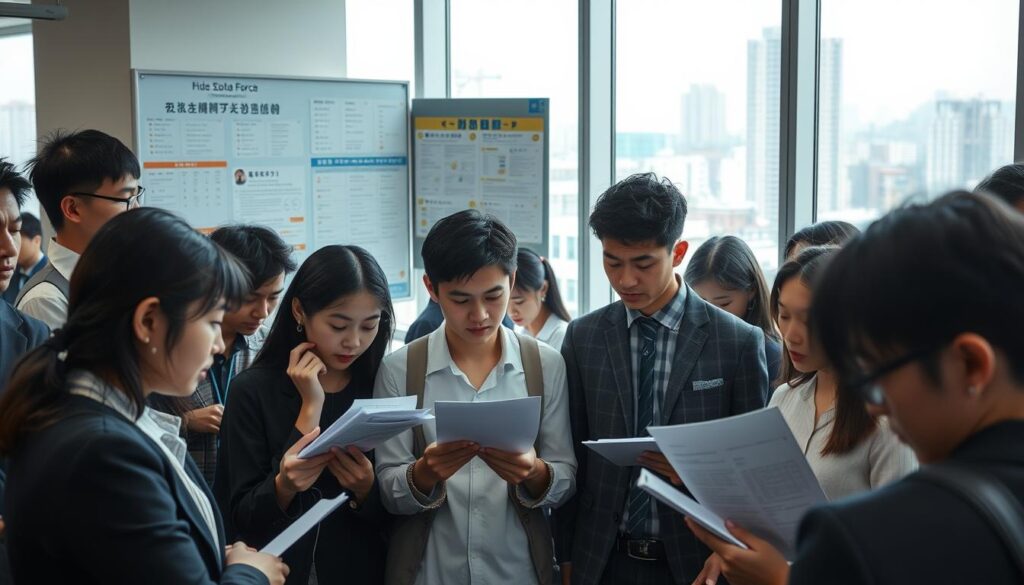 A crowded office setting, with young Japanese-looking professionals navigating the challenges of career transitions. In the foreground, a group of individuals anxiously reviewing documents and discussing options, their expressions conveying the stress and uncertainty of the job search process. The middle ground features a noticeboard filled with job postings, while the background showcases a bustling urban landscape through large windows, hinting at the broader context and opportunities beyond the immediate obstacles. Soft, natural lighting creates a pensive mood, and the scene is captured with a realistic photographic lens, emphasizing the authenticity of the moment.