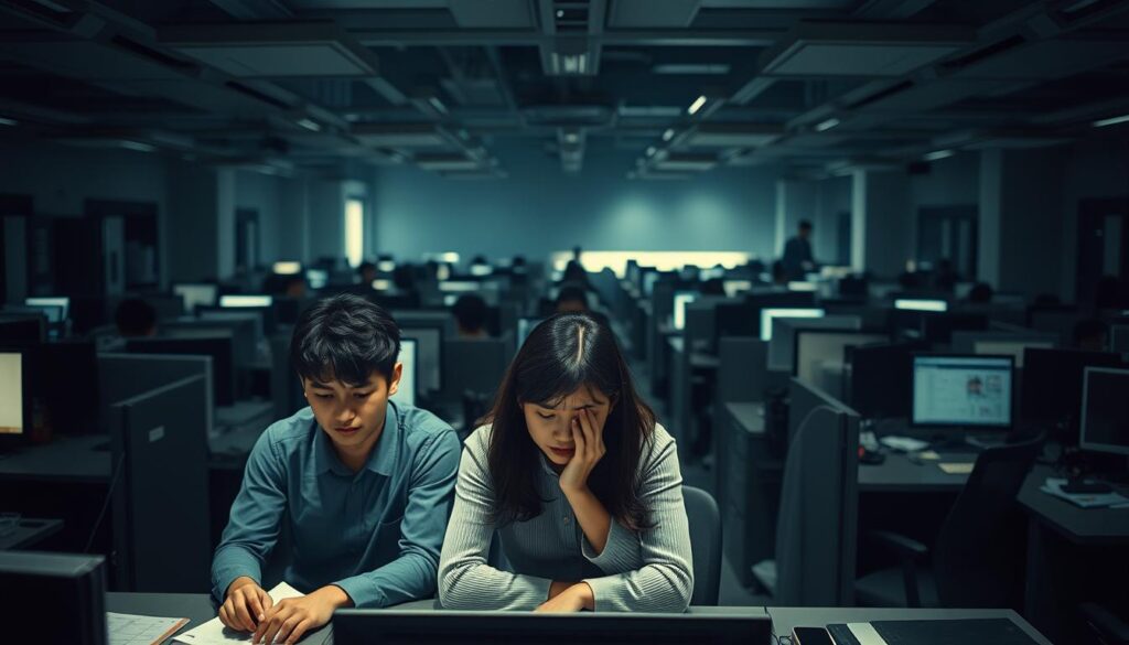 A crowded open-plan office, dimly lit and cluttered. In the foreground, three young Japanese-looking professionals sit dejectedly at their desks, expressions of frustration and resignation on their faces. The middle ground shows a maze of cubicles and computer screens, conveying a sense of isolation and a lack of direction. In the background, a looming sense of uncertainty, with shadows and muted colors hinting at the challenges of navigating an unfamiliar industry. The scene captures the essence of a failed career transition, where enthusiasm and hope have given way to disillusionment and a longing for the familiar.
