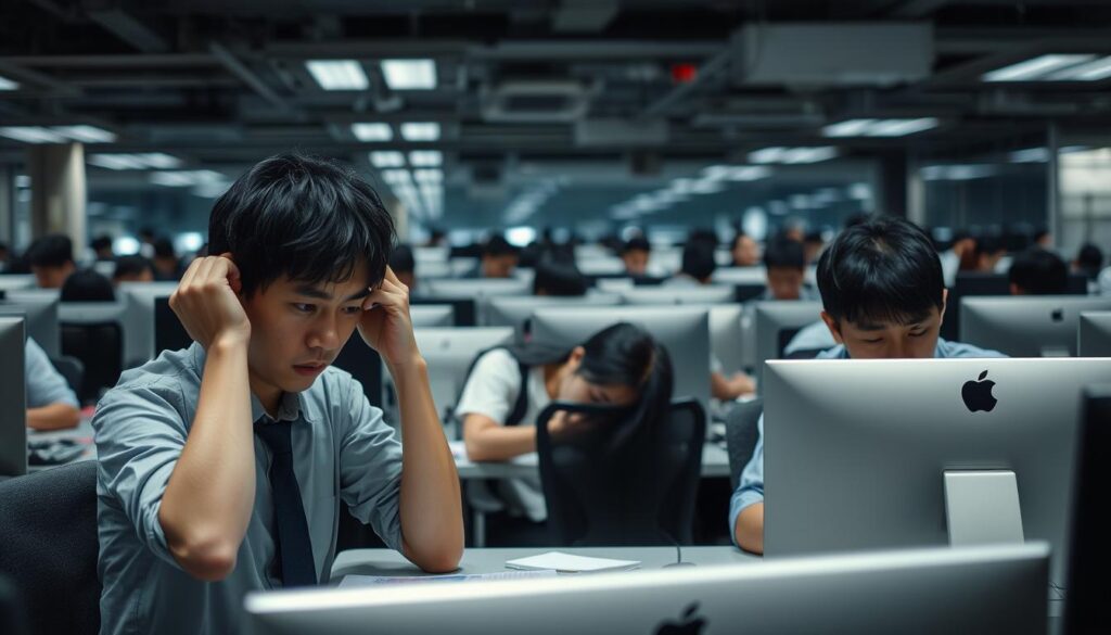 A crowded open-plan office with dim lighting and desks crammed together. Several young Japanese-looking employees sit hunched over their computers, looking stressed and fatigued. In the foreground, a worker rubs their temples, their face etched with worry. The middle ground shows a woman slumped over her desk, seemingly exhausted. In the background, others work silently, their expressions strained. The scene conveys a sense of mental and physical strain, hinting at the health impacts of the demanding work environment.
