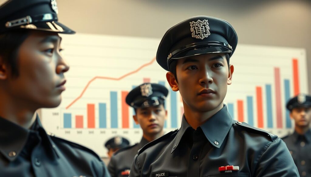 A detailed bar chart depicting the alarming attrition rates among Japanese police officers, captured in a realistic photographic style. The foreground showcases a series of young, Japanese-looking individuals in formal police uniforms, their expressions conveying the gravity of the situation. The middle ground features the meticulously rendered data visualizations, providing a clear and compelling representation of the troubling statistics. The background maintains a muted, professional tone, allowing the key elements to take center stage and command attention. Subtle lighting and a depth of field effect add depth and realism to the overall composition, creating a visually striking and impactful illustration for the article.