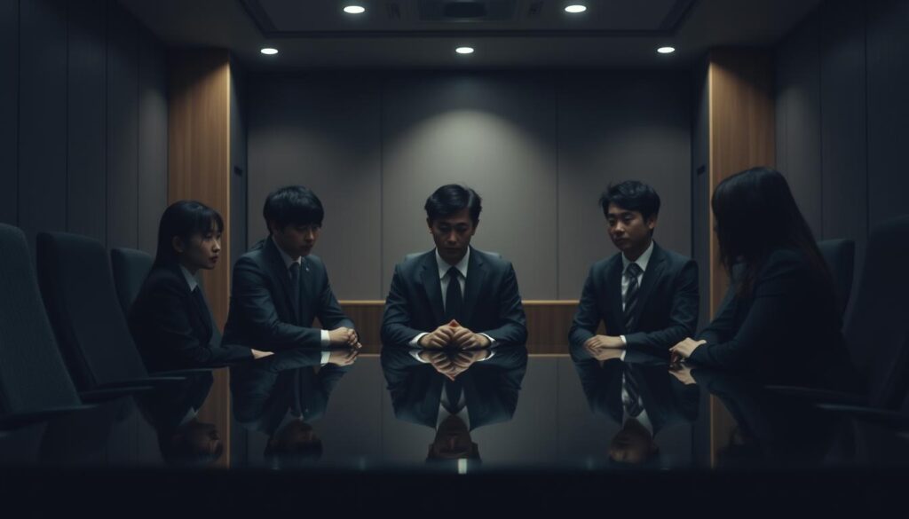 A dimly lit conference room, with a sense of exclusivity and privacy. In the foreground, a group of young Japanese professionals in business attire, their faces obscured by shadows, engrossed in a discreet discussion. The middle ground features a glossy table, reflecting the muted lighting, conveying a sense of importance and confidentiality. The background is blurred, hinting at the larger corporate environment, but maintaining the focus on the hushed, private nature of the scene. The atmosphere is one of quiet intensity, as the individuals navigate the hidden job market, their expressions serious and focused, capturing the essence of "非公開求人" - the unseen, exclusive opportunities in the manufacturing and logistics industries.