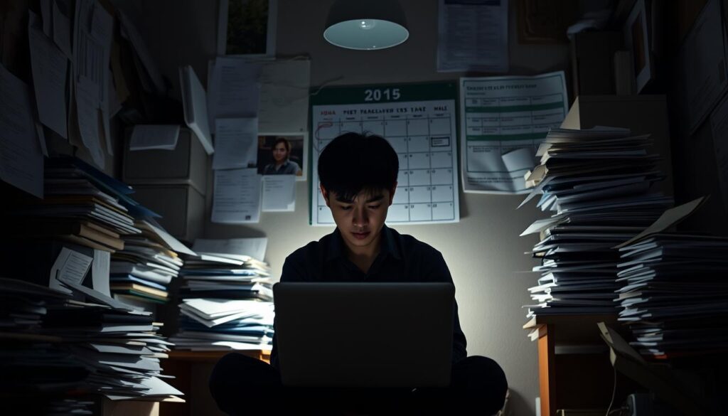 A dimly lit home office, the walls adorned with half-finished projects and piles of paperwork. In the center, a young Japanese-looking professional sits hunched over a laptop, a weary expression on their face. The lighting is somber, casting long shadows and creating a sense of isolation. In the background, a calendar with important deadlines circled, a reminder of the demands of the freelance lifestyle. The scene conveys the potential drawbacks of the freelance transition - the lack of stability, the constant pressure to find new clients, and the loneliness of working from home. The image reflects the challenges and sacrifices often associated with the shift to a freelance career.